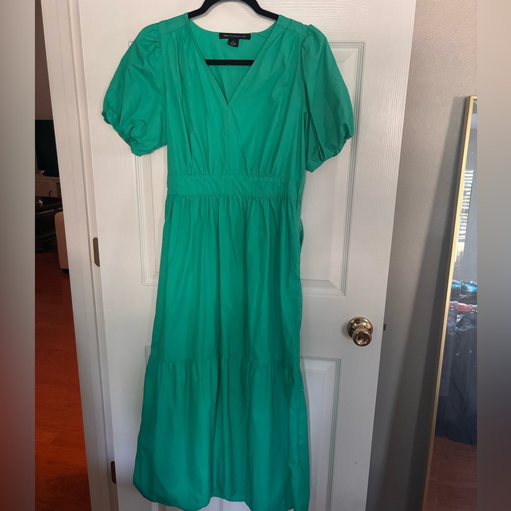 French Connection Green Midi Sundress with Puff Sleeves and V-Neck